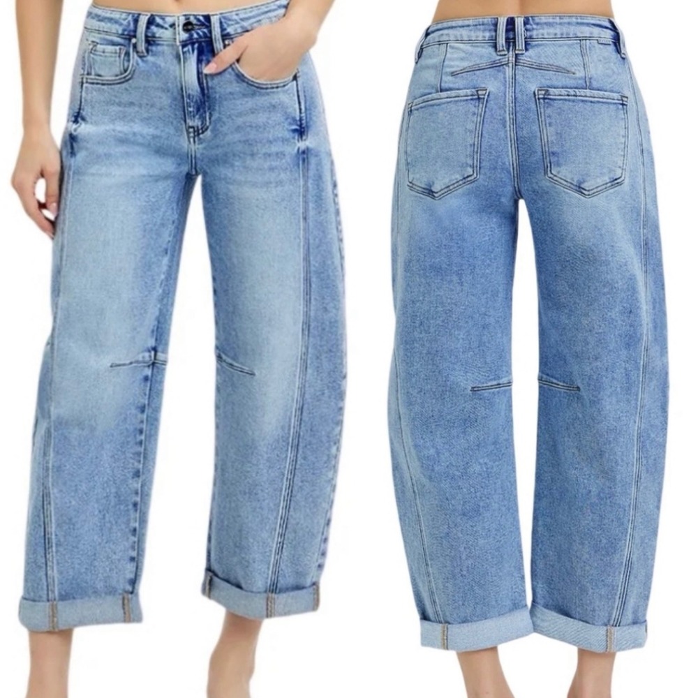 Risen High Rise Crop Barrel Jean Medium Wash Size 13/31 Trendy Relaxed Fit Chic